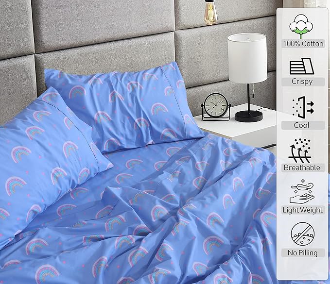 RUVANTI 100% Cotton Twin XL Sheet Sets, 3 Pieces, Soft & Breathable Percale Weave Bedding, Deep Pocket 16", Hotel Standard, Crisp Cool Feel, Durable, Perfect Size Floral Sheets, Baby Rainbow