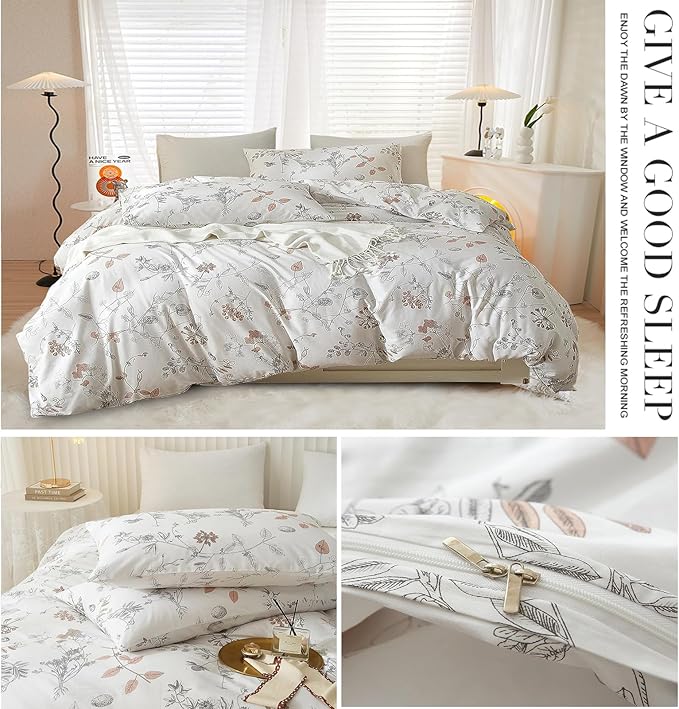 EAVD Botanical Floral Duvet Cover King Soft Cotton Reversible Pattern Chic Garden Floral Bedding Set with 2 Pillowcases Gorgeous Botanical Print Comforter Set with Zipper Closure