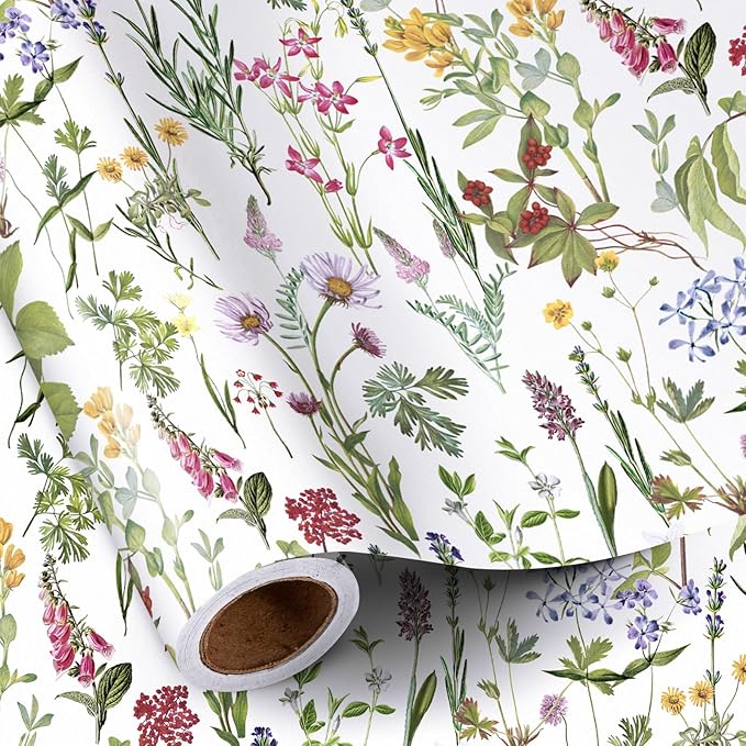RUSPEPA 30" X 32.8' Wild Flower Wrapping Large Paper Roll for Women Girls, Jumbo Roll, Elegant Floral Design Gift Wrap Perfect for Birthday, Bridal Shower, Spring, Wedding, Mother's Day, 82 sq. ft.