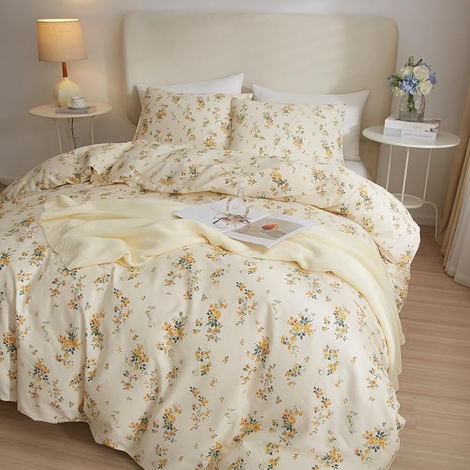 Vintage Yellow Floral Comforter Set King Garden Style Aesthetic Flower Comforter for King Bed Fluffy Lightweight Chic Botanical Floral Bedding Cottagecore Comforter Farmhouse Boho Comforter Set