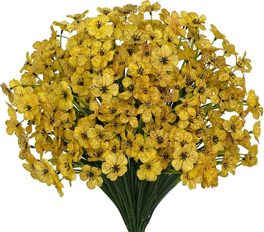 15 Bundles Artificial Flowers UV Resistant Outdoor Plants No Fade Faux Plastic Shrubs Fake Silk Flowers Window Box Garden Porch Home Decoration (Yellow)