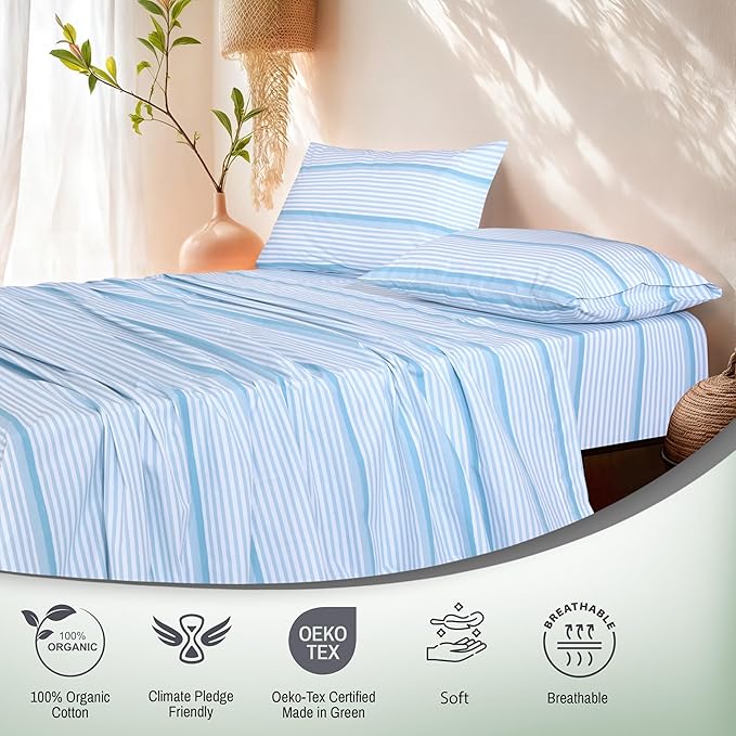 RUVANTI 100% Organic Cotton Sheets Full Size, Percale Weave, GOTS Certified, 4-Piece Set, Deep Pocket 15", Crisp & Breathable, Soft Durable Bedding, Sábanas Algodón Orgánico – Nautical Stripes