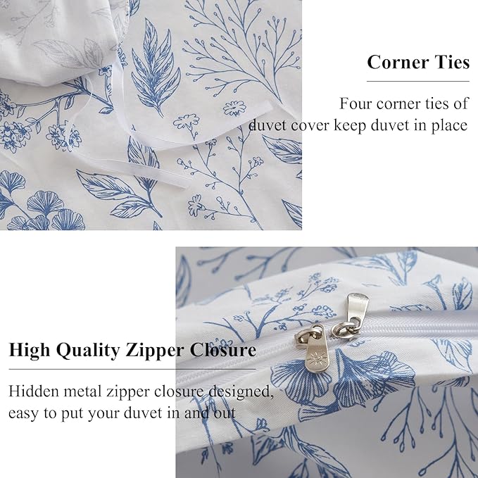 EAVD 3 Pieces Blue Floral Duvet Cover Full Size White Blue Soft Cotton Coquette Bedding Set for Girls Women Chic Shabby Garden Aesthetic Botanical Duvet Cover with Zipper Closure