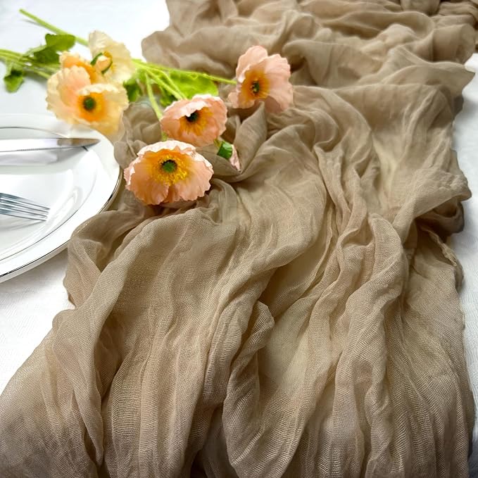 Booque Valley Nude Cheesecloth Table Runner 120 Inch 10ft Super Soft Boho Wrinkled Gauze Sheer Cloth for Baby Shower Birthday Bridal Shower Wedding Centerpiece Table Decoration, 3 Pack , Tan