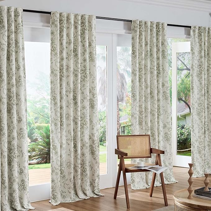 jinachan Blackout Curtains Linen Blend Floral Curtain for Living Room 63 Inch Length Christmas Sage Green Flower Printed with Lined Blackout Drapes for Bedroom Farmhouse Curtains Set 2 Panels