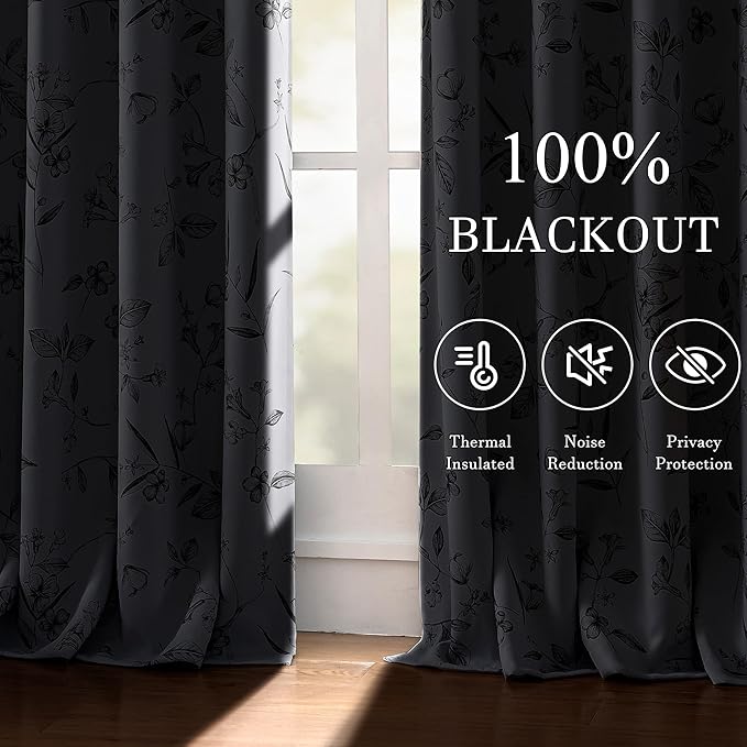 ChrisDowa 100% Blackout Floral Curtains 108 Inches Long 2 Panels for Bedroom Living Room Grey Flower Patterned Room Darkening Thermal Insulated Soundproof Grommet Window Treatments Drapes,52X108