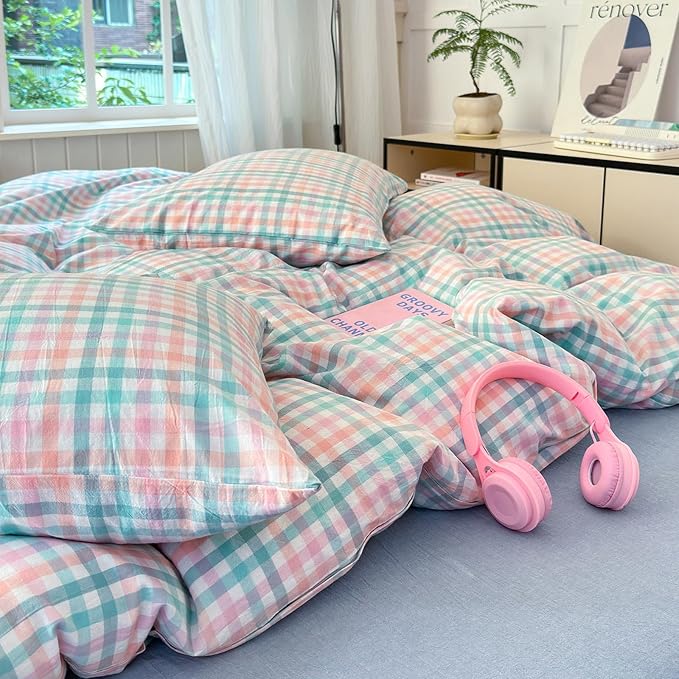 LifeTB Queen Comforter Set Multi-Colored Gingham Comforter Modern Style Checkered Pattern Comforter Set Colorful Grid Plaid Bedding Comforter Fluffy Soft Lightweight Grid Bedding Set Breathable