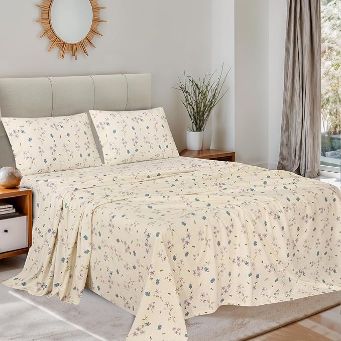 RUVANTI Flannel Sheets Full Size - 100% Cotton Double Brushed Bed Sheets Set, Deep Pockets 16 Inches, All Seasons Breathable & Extra Soft Full Sheets, Warm & Cozy, 4 Piece, Jasmine Stamp Cream