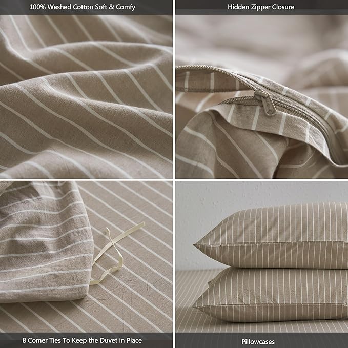 MooMee Striped Duvet Cover Set 100% Washed Cotton Linen Like Textured Breathable Durable Soft Comfy (Tannish Linen Grey White Wide Stripes, Cal King 104"x98")