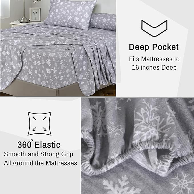 RUVANTI Flannel Sheets Queen Size - 100% Cotton Double Brushed Bed Sheets, Deep Pockets 16 Inches Queen Sheet Set, All Seasons Breathable & Extra Soft - Warm & Cozy, 4 Piece, Snowflakes