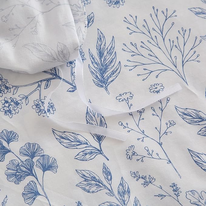 EAVD Vintage Style Garden Blue Floral Cotton Duvet Cover King White Boho Floral Bedding Set Chic Fresh Cottagecore Bedding Aesthetic Botanical Comforter Cover with 2 Pillowcases
