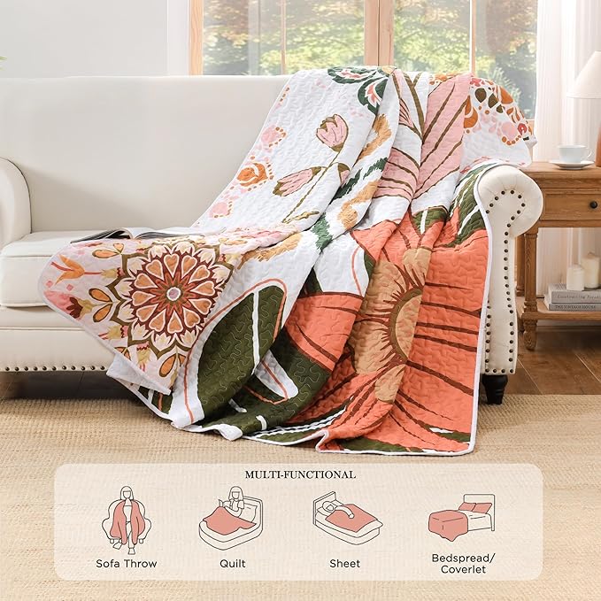 Andency Floral Boho California King Quilt Bedding Set Pink, 3 Pieces Farmhouse Flower Botanical Summer Oversized King Bedspreads, Soft Reversible Lightweight Microfiber Coverlet Set, 104"x112"