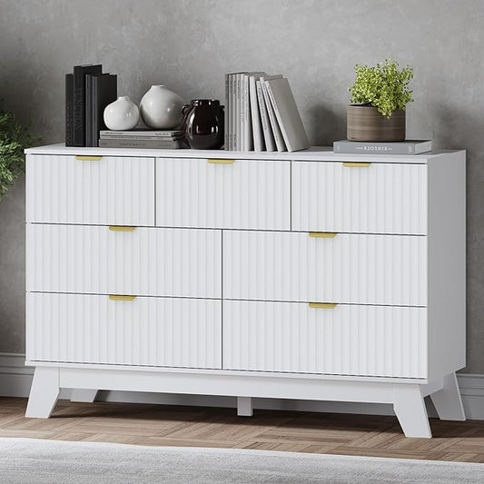 Fluted 7 Drawer Dresser, 47.2" Wide Modern Boho Chest of Drawers, Wooden Storage Dresser TV Stand for Bedroom, Living Room, Closet, Hallway, Curved Profile Design