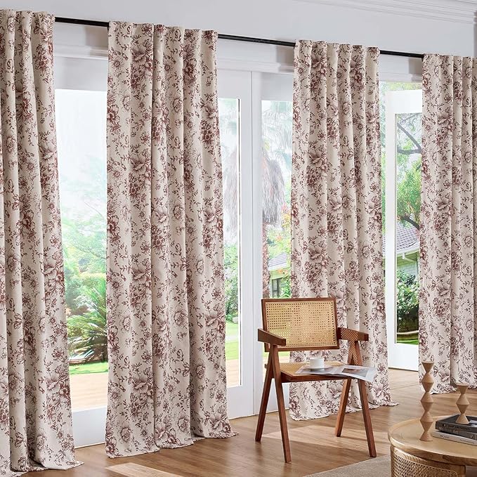 jinchan Blackout Floral Curtains Linen Blend Curtain for Living Room 96 Inch Length Christmas Brick Red Flower Printed Drapes for Bedroom Rod Pocket Back Tab Farmhouse Curtains Set 2 Panels