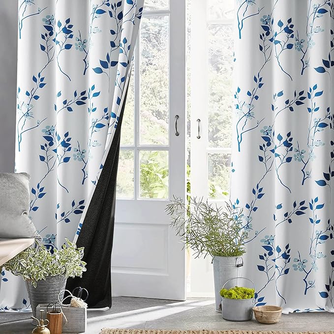 Beauoop Floral 100% Blackout Curtains 96 Inches Long 2 Panels for Bedroom Living Room Navy Blue and White Flower Patterned Room Darkening Thermal Soundproof Grommet Window Treatments Drapes, 52X96
