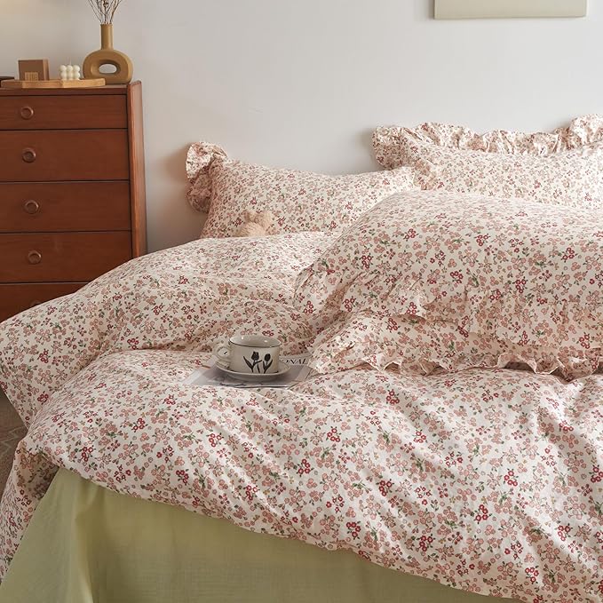 Pink Flower Duvet Cover with Ruffle Pillowcases 100% Cotton Floral Bedding Set Twin Teen Girls Aesthetic Flower Comforter Cover Cottagecore Garden Style Boho Floral Duvet Cover with Zipper Closure