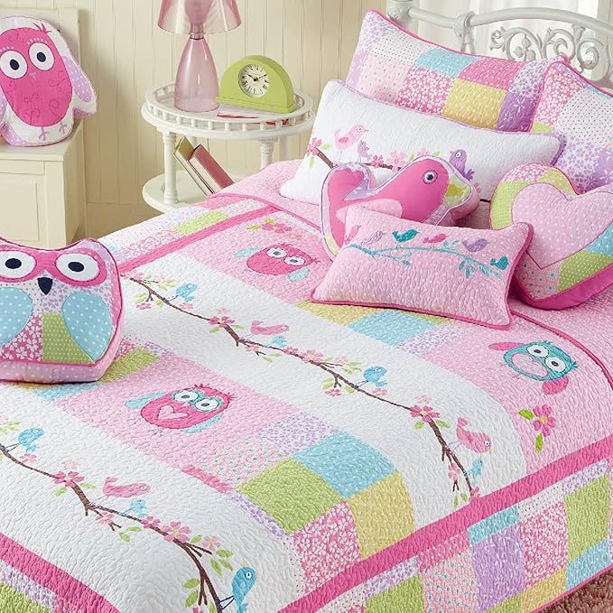 Cozy Line Home Fashions 100% Cotton Reversible Quilt Bedding Set, Coverlet Bedspread All Season Lightweight for Kids Toddler Girls (Pink Owl, Twin-2 Piece)