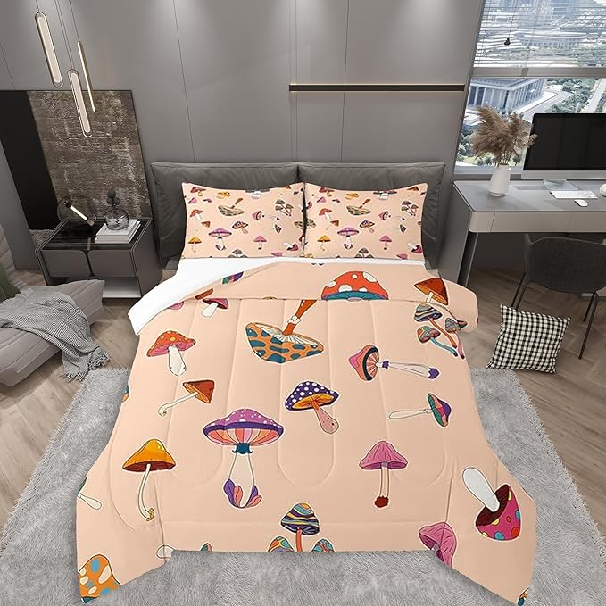Retro Mushroom Twin Size Comforter Set,Hippie Plant Duvet Set with 1 Pillowcase for Kids Boys,60s 70s Cartoon Style Soft Microfiber Bedding Comforters