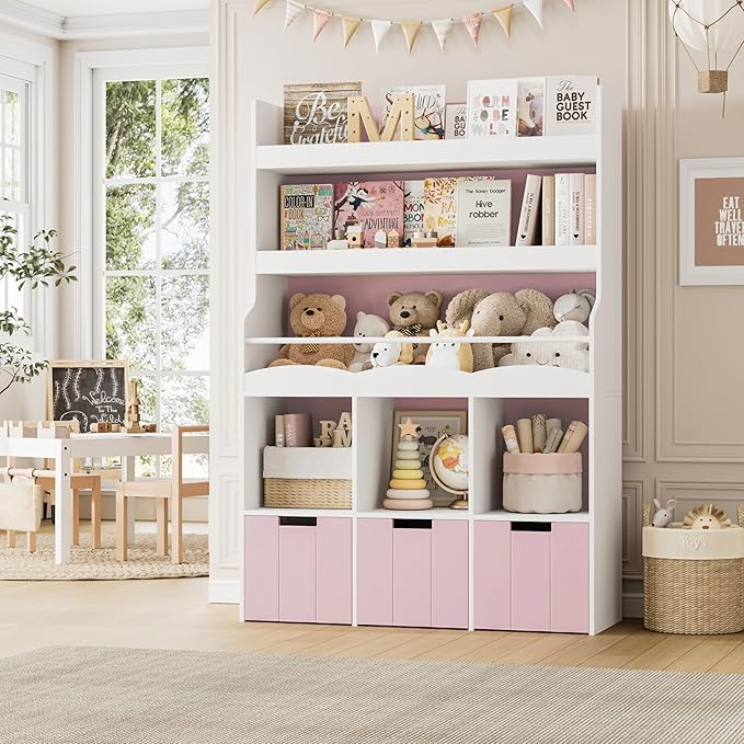 HITHOS 55.3"H Kids Bookshelf with Toy Storage Organizer, Tall Book Shelf with 3 Mobile Toy Storage Bins, Large Kids Bookcase with Toy Chest, 39.2"W Modern Toy Box for Kid Room, Playroom, Pink, White