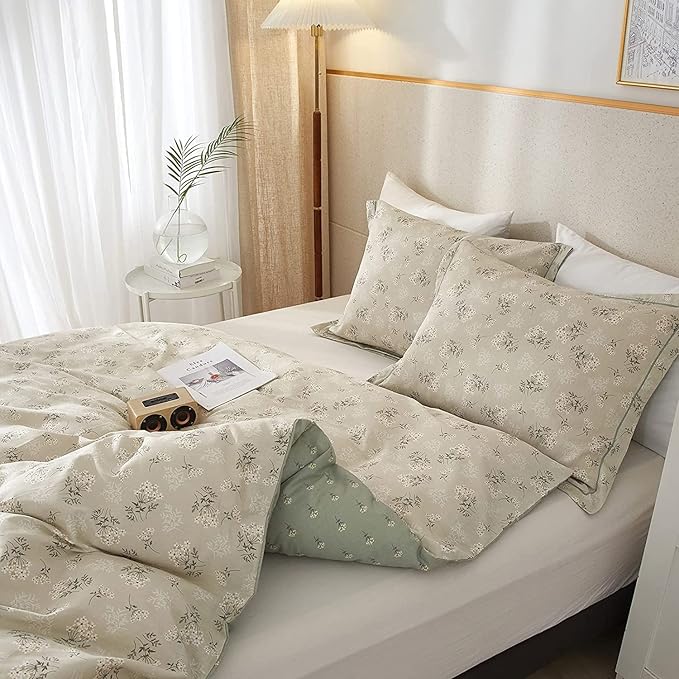 LifeTB Boho Floral Duvet Cover Twin Kids Girl Garden Style Bedding Sets 100% Cotton White Beige Sage Green Floral Branches Pattern Comforter Cover Lightweight Soft Chic Floral Bedding Collection