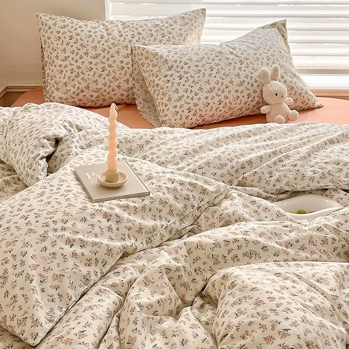Boho Floral Duvet Cover Queen Aesthetic Floral Comforter Cover Cotton Pink Floral Bedding Set Vintage Botanical French Style Duvet Cover Cute Flower Bedding Cover Cottagecore Comforter Cover Queen