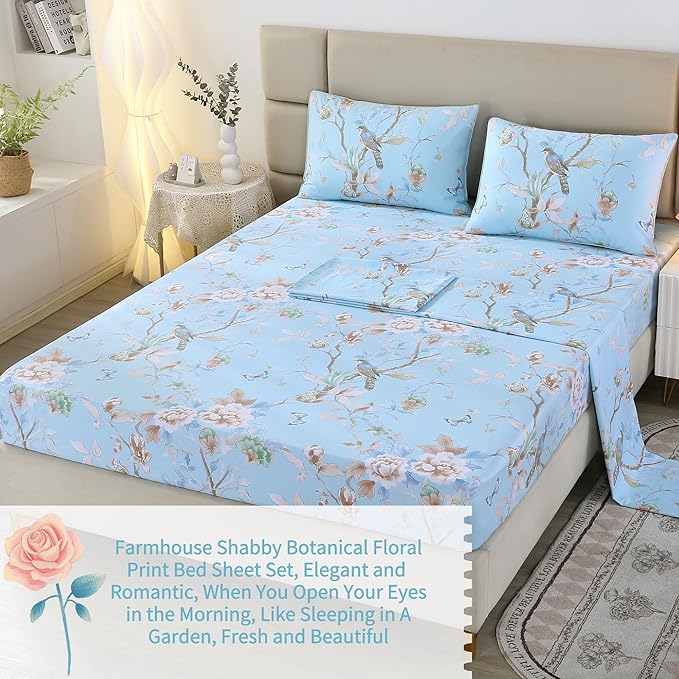 RYNGHIPY Egyptian Cotton Bed Sheet Set Blue Bird Botanical Pattern Bed Sheets Deep Pocket Fitted Sheet Tree Branches Print Bedding Soft Breathable (Light Blue,Queen Size)