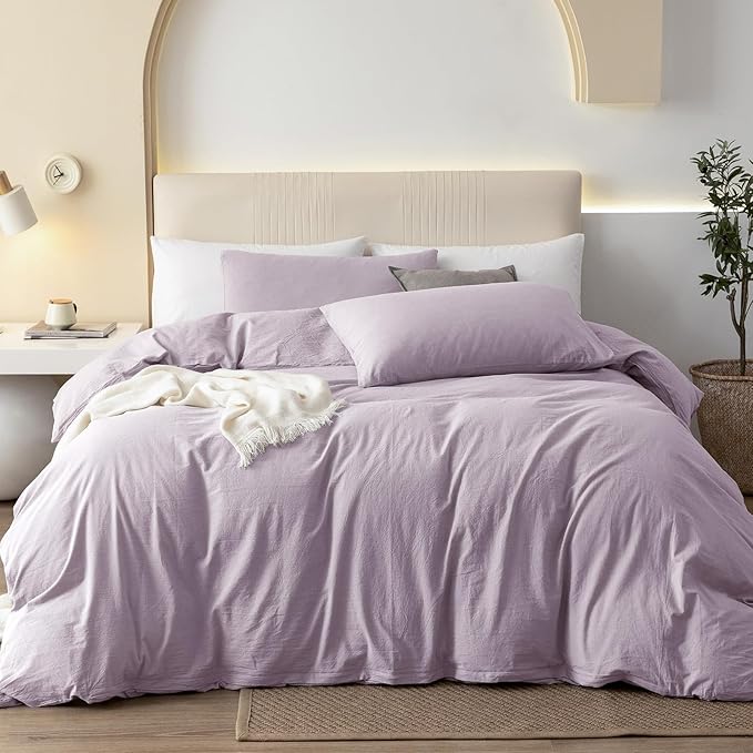 JIYUAN 100% Washed Cotton Duvet Cover Set 3 Pieces Cal King, 1 Duvet Cover 104x98 Inches(Comforter Not Included) and 2 Pillowcases,Linen Like Comfy and Breathable,Heathered Light Purple