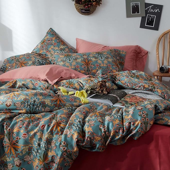 VM VOUGEMARKET Gold Flower Comforter Set Twin XL,Aesthetic Boho Bedding Set Royal Sage Green Floral Comforter with 2 Pillowcases