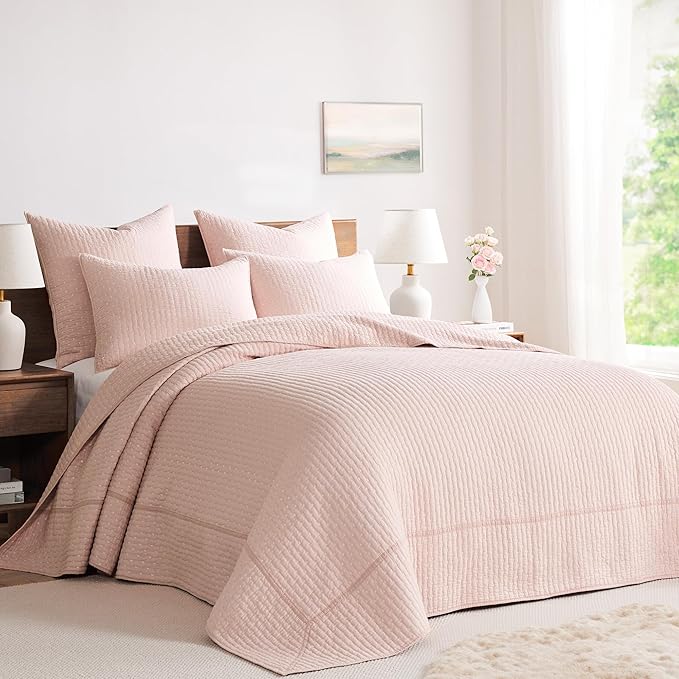 Levtex Home Cross Stitch Reversible Queen Bedspread Set (104x106in) with 2 Pillow Shams (26x20in) - Stitch Texture - Blush - Cotton Queen Size Bedspread Set - Lightweight, Soft, Pre-Washed