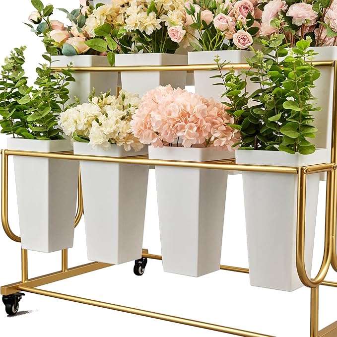 Flower Display Stand Frame, 3-Tier Flower Cart with Wheels, Metal Floral Display Rack , Moving Florist Bouquet Shelf for Shop ,Flower Bar, Events (Gold - 3 Tier) , Without Flower Buckets