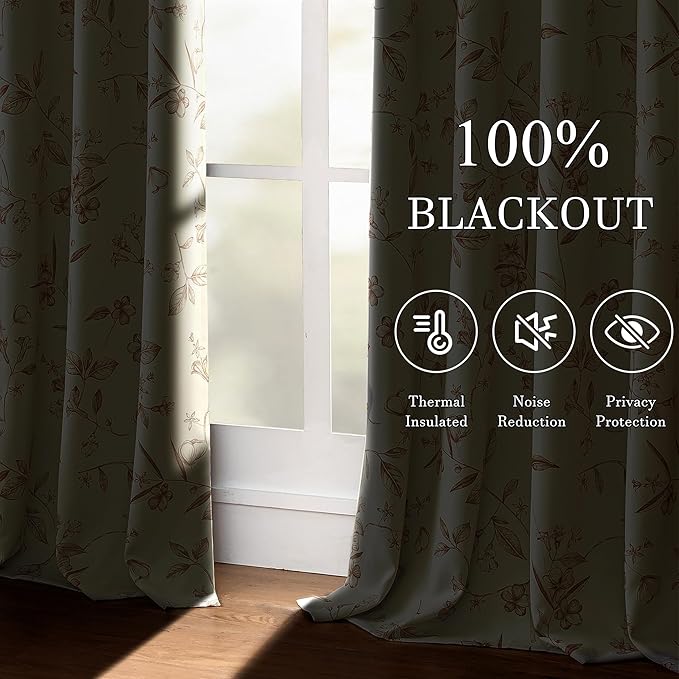 ChrisDowa Beige 100% Blackout Floral Curtains 63 Inches Long 2 Panels for Bedroom Living Room Brown Flower Patterned Room Darkening Thermal Insulated Soundproof Grommet Window Treatments Drapes,52X63