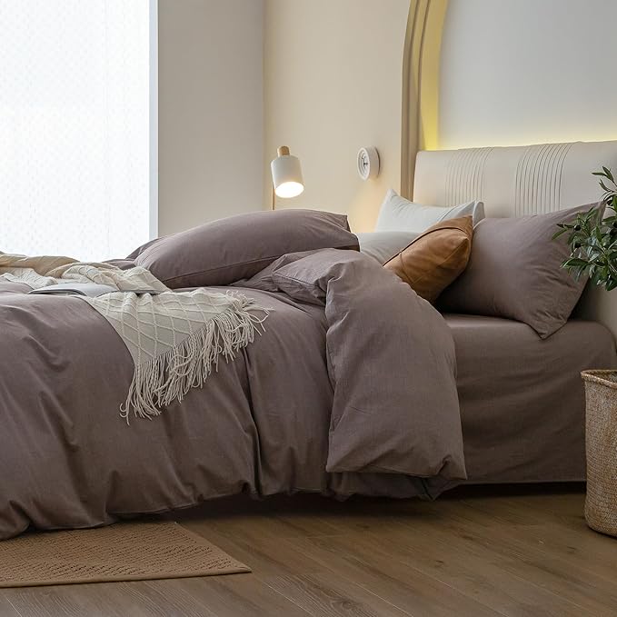 JIYUAN 100% Washed Cotton Duvet Cover Set 3 Pieces Cal King, 1 Duvet Cover 104x98 Inches(Comforter Not Included) and 2 Pillowcases,Linen Feel Bedding Set Comfy and Breathable, Heathered Mauve Brown