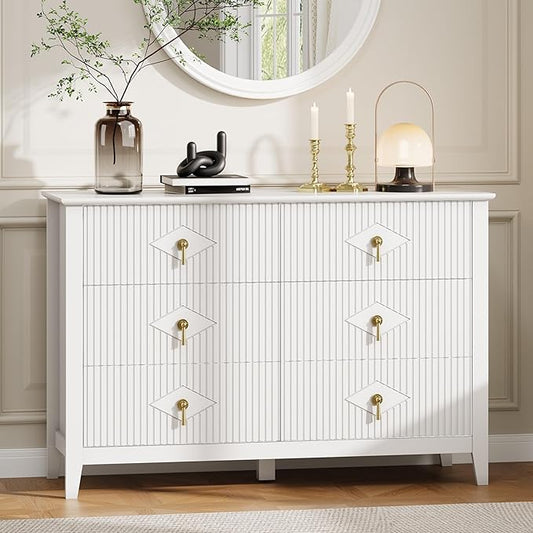 GarveeHome Fluted Dresser for Bedroom, 47.2 Inch Wide 6-Drawer Wood Dresser, Modern Chest of Drawers, Storage Organizer Cabinet for Living Room, Hallway, Entryway, White