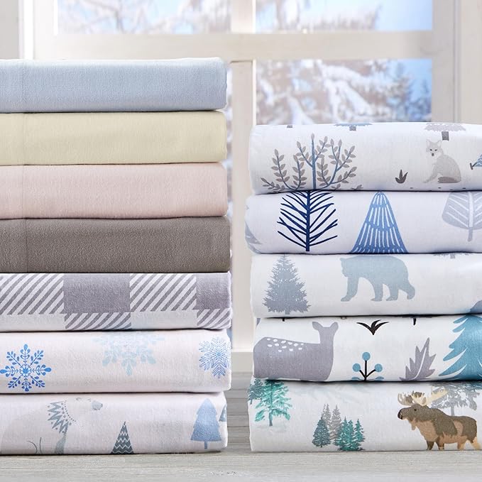 Market & Place 100% Turkish Cotton Flannel Sheet Set | 3 Piece Deep Pocket Novelty Cozy Winter Bed Sheets | Double Brushed for Extra Softness & Comfort | Alpine Collection (Twin, Blue Forest)