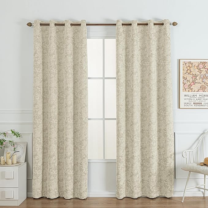 Chenille Floral Blackout Curtains 108 Inch Length 2 Panels Set - Bedroom Living Room Darkening Thermal Insulated Black Out Window Treatments Grommet Jacquard Drapes 52 Inch Wide Beige