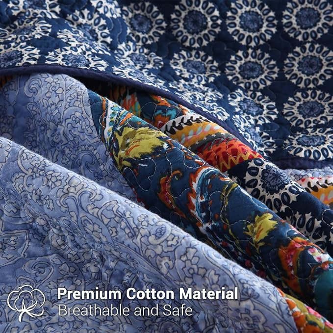 Yvooxny King Quilt Set Reversible Lightweight Bohemian Paisley Patchwork Cotton Quilted Bedspread Coverlet Set 3-Piece Bedding Set with Pillowcases for All Seasons, King Size, 108 * 96 Inches