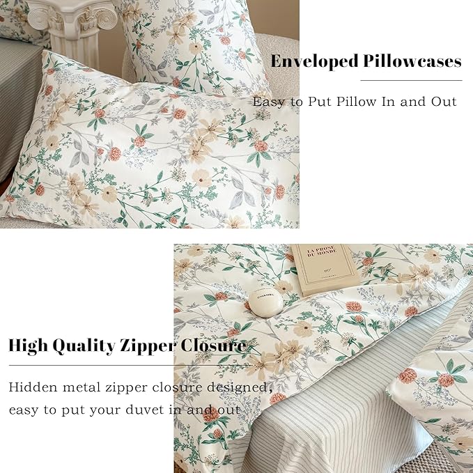 EAVD Garden Botanical Floral Duvet Cover Full White Soft 100% Cotton Flowers Leaves Pattern Bedding Set with 2 Pillowcases Reversible Black White Striped Comforter Cover with Zipper Closure