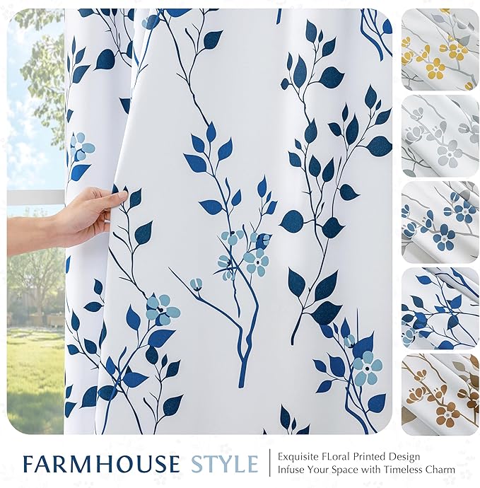 Beauoop Floral 100% Blackout Curtains 63 Inch Length 2 Panels for Bedroom Living Room Navy Blue and White Flower Patterned Room Darkening Thermal Soundproof Rod Pocket Back Tab Window Drapes, 52X63