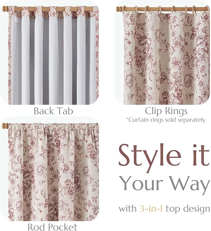 jinchan Blackout Floral Curtains Linen Blend Curtain for Living Room 96 Inch Length Christmas Brick Red Flower Printed Drapes for Bedroom Rod Pocket Back Tab Farmhouse Curtains Set 2 Panels