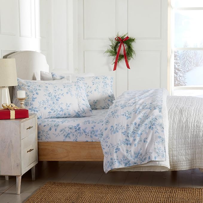 Market & Place 100% Cotton Full Flannel Sheet Set | 4 Piece Deep Pocket Cozy Winter Floral Bed Sheets | Double Brushed for Extra Softness & Comfort | Alpine Collection (Full, Vintage Floral)