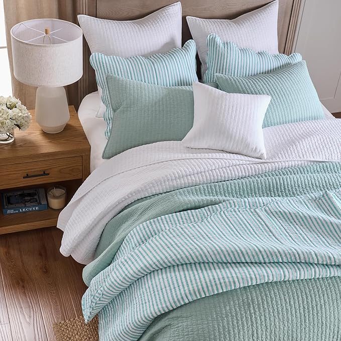 Levtex Home Cross Stitch Reversible Full/Queen Quilt Set (88x92in) with 2 Pillow Shams (26x20in) - Stitch Texture - Blue Haze - Cotton Full/Queen Size Quilt Bedding Set - Lightweight, Soft, Pre-Washed
