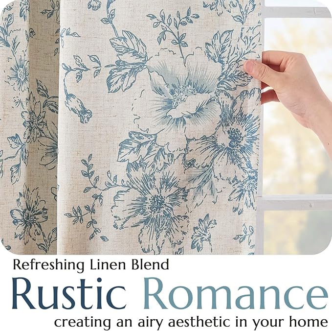 jinchan Blackout Linen Blend Curtain Floral Blackout Curtains for Living Room 96 Inch Length Blue Printed with Lined Blackout Curtain for Bedroom Farmhouse Curtains Set 2 Panels