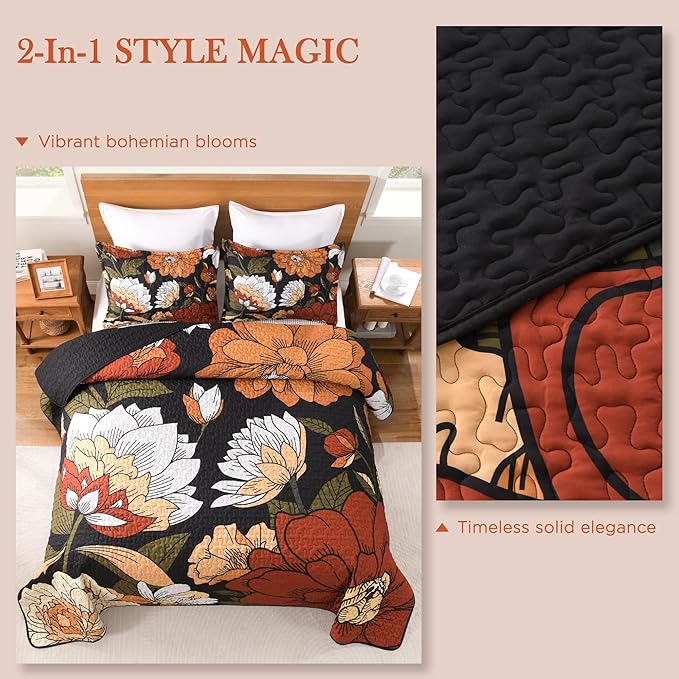 Andency Floral Boho Super King Quilt Bedding Set Black, 3 Pieces Farmhouse Flower Botanical Bedspreads with 2 Shams, Soft Reversible Lightweight Microfiber Coverlet Set for All Season, 120"x120"
