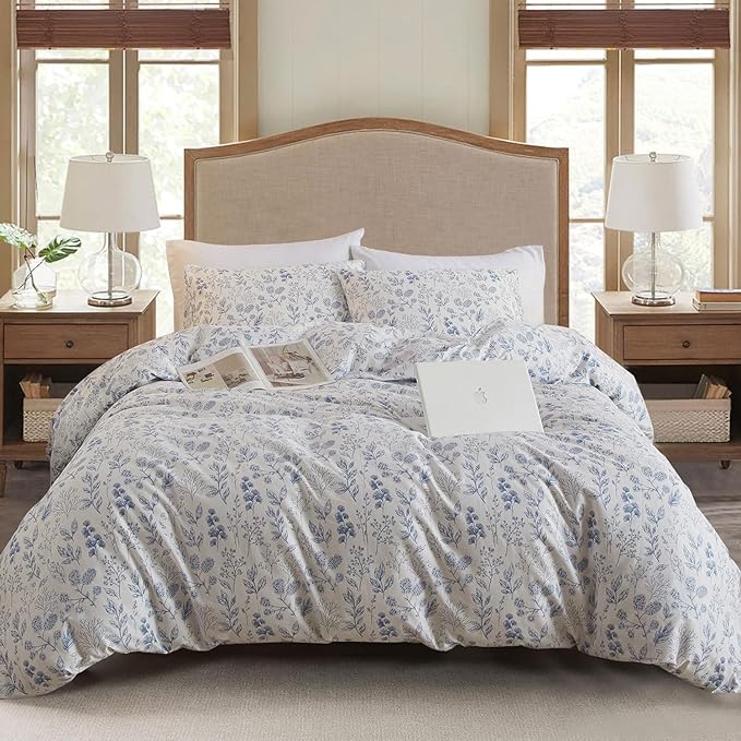 EAVD 3 Pieces Blue Floral Duvet Cover Full Size White Blue Soft Cotton Coquette Bedding Set for Girls Women Chic Shabby Garden Aesthetic Botanical Duvet Cover with Zipper Closure