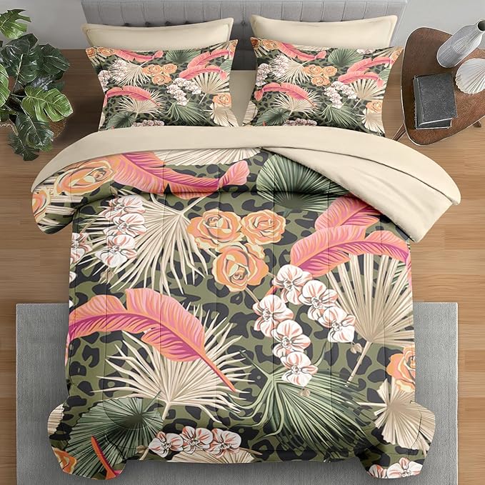 Comforter Set Twin Size, Summer Tropical Flowers 5 Pcs Bedding for Kids and Adults, Hawaiian Palm Leaf Leaves Bed Sheet Sets with Fitted Sheet Pillowcase & Sham for Bedroom Bed Decor