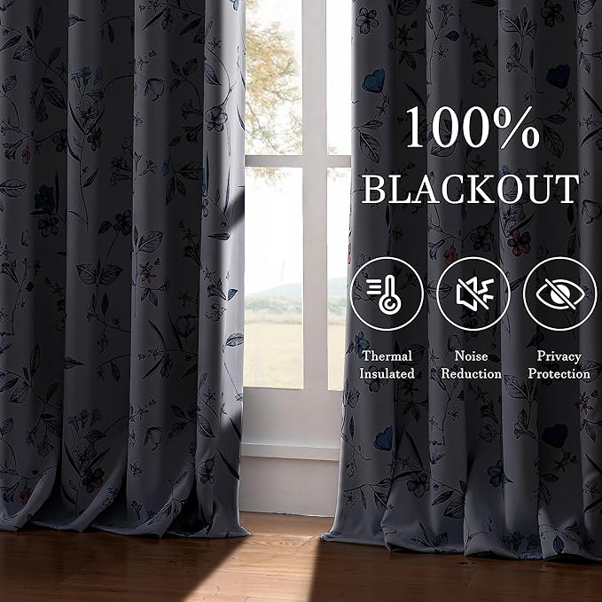 ChrisDowa 100% Blackout Floral Curtains 108 Inches Long 2 Panels for Bedroom Living Room Navy Blue Flower Patterned Room Darkening Thermal Insulated Soundproof Grommet Window Treatments Drapes,52X108