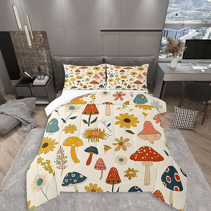 Castle Fairy Retro Mushroom Flowers Bedding Comforters Queen Size,70s 60s Groovy Comforter Set with 2 Pillowcases,Vintage Boho Plant Floral 3pcs Children Adult Duvet Set,Soft