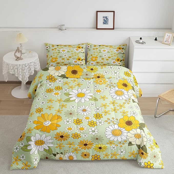 Vintage Floral Bedding Comforters King Size,Boho Spring Fresh Flowers Boys Girls Comforter Set Room Decor,Trippy Hippie Groovy Botanical Modern 3pcs Bedding Set Chic Xmas Present