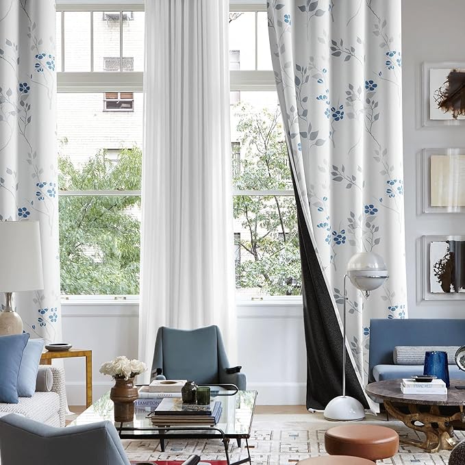 Beauoop Floral 100% Blackout Curtains 54 Inch Length 2 Panels for Bedroom Living Room Blue Grey and White Flower Patterned Room Darkening Thermal Soundproof Grommet Window Treatments Drapes, 52X54