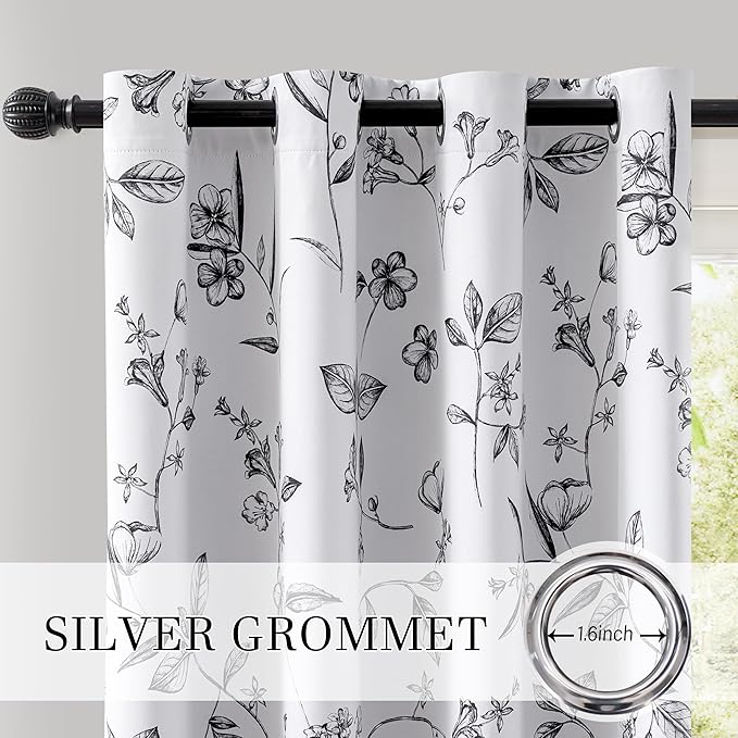 ChrisDowa 100% Blackout Floral Curtains 63 Inches Long 2 Panels for Bedroom Living Room Black Flower Patterned Room Darkening Thermal Insulated Soundproof Grommet Window Treatments Drapes,52X63